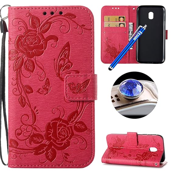 Etsue Kompatibel mit Samsung Galaxy J3 2017 Leder Tasche Klapphülle Lederhülle Flip Hülle Schutzhülle Handytasche Schmetterli