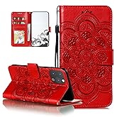 EYZUTAK Case for iPhone 13 Pro Max, Premium PU Leather Magnetic Flip Wallet Case with Card Holder Cash Slot Lanyard Strap Kickstand Function Embossed Mandala Flower Pattern Shockproof Cover - Red