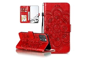EYZUTAK Case for iPhone 13 Pro Max, Premium PU Leather Magnetic Flip Wallet Case with Card Holder Cash Slot Lanyard Strap Kickstand Function Embossed Mandala Flower Pattern Shockproof Cover - Red