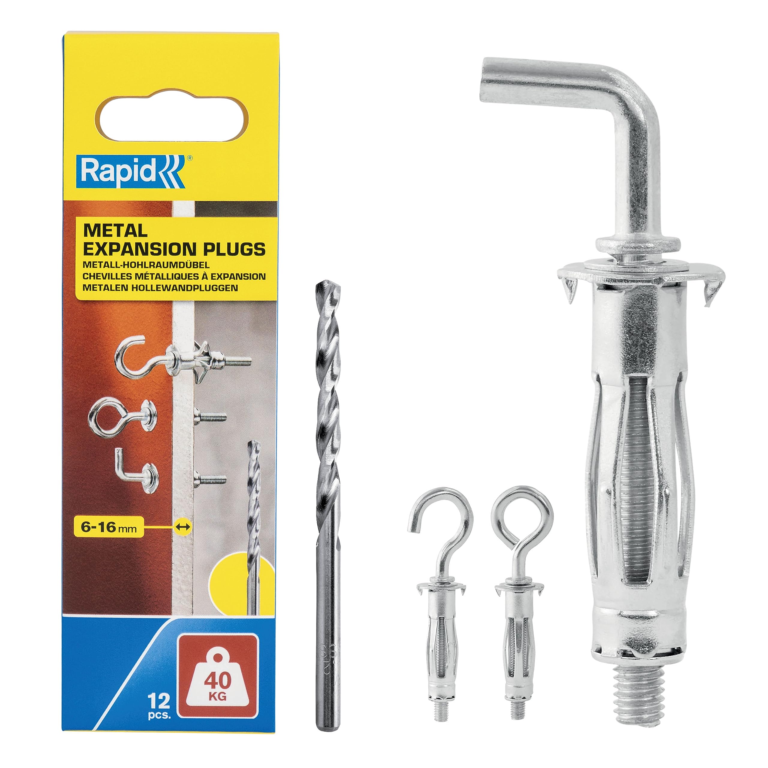 Rapid Hollow Wall Anchors, Pack of 12 Wall Hooks Heavy Duty, Metal Plasterboard Fixings & Wall Hanging Hooks for 6-16 mm Thickness, 40 kg Load, Cavity Wall Fixings & Plasterboard Plugs (5001557)