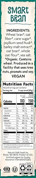 NATURE’S PATH ORGANIC SMART BRAN CEREAL, 10.6 OZ (PACK OF 1), 17G FIBER, PSYLLIUM, OAT & WHEAT BRAN, LIGHTLY SWEETENED, NON-GMO
