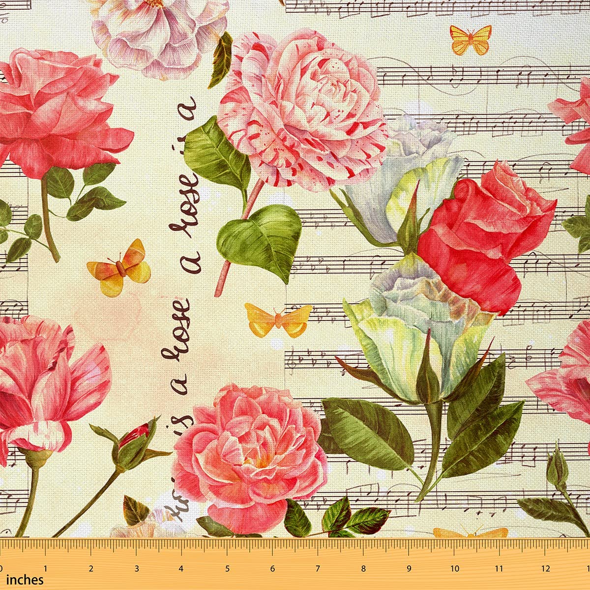 Pink Rose Fabric by The Yard Letter Music Vintage Garden Plants Fabric for Flower Lovers Farmhouse Style Decorative Fabric for Upholstery and Home DIY Projects Gifts, 3 Yards, Pink