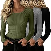 Velvelhall 3 Pack Cotton Womens Ribbed Shirt Long Sleeve Undershirt Crewneck Fitted Tops Stretch Knit Lettuce Trim Casual Tee