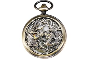 TREEWETO Mechanical Skeleton Pocket Watch Silver Lucky Dragon + Gift Box