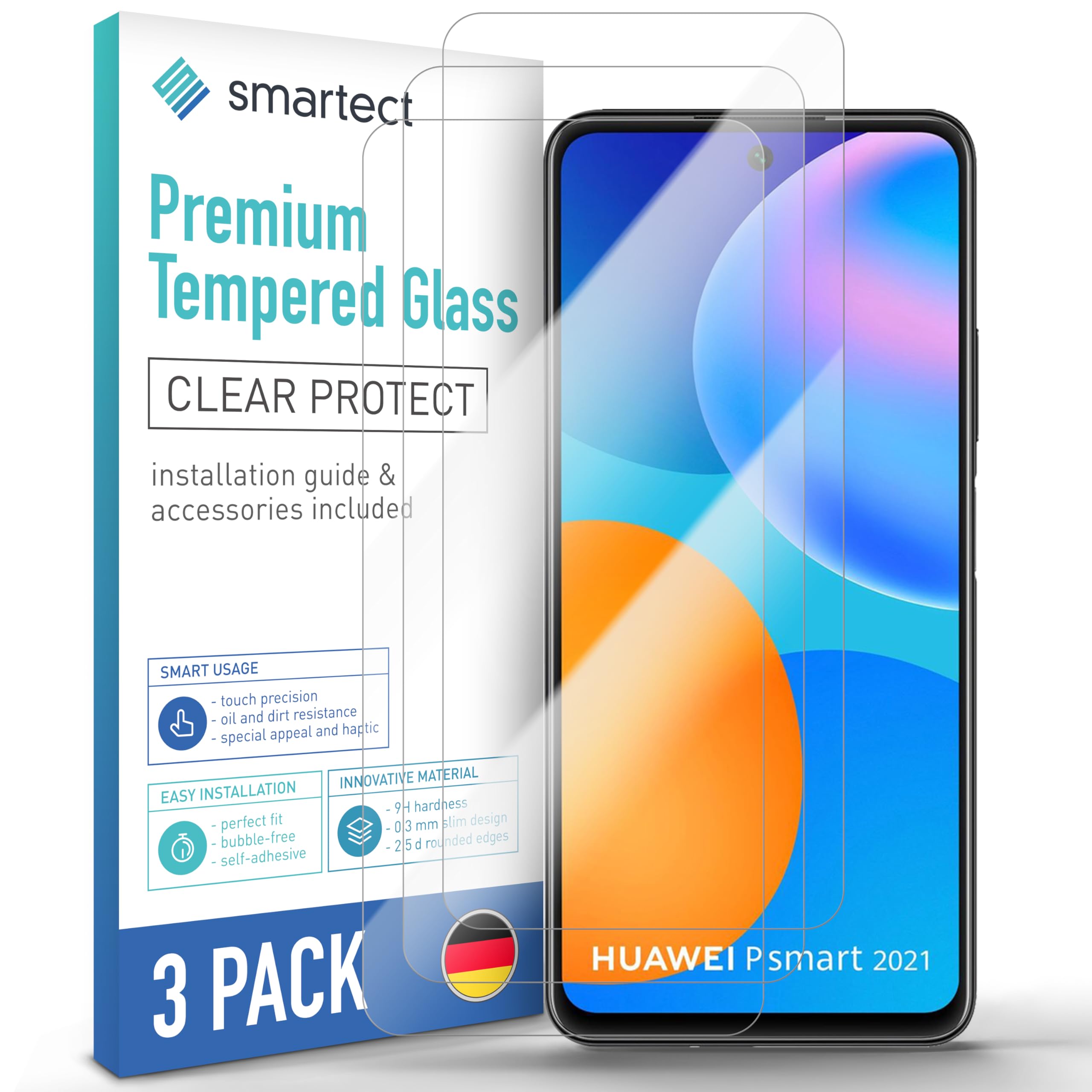 smartect Glass Screen Protector [3 Pieces, Ultra-Clear] for Huawei P smart 2021, HD Protective Film Anti Scratch, Bubble Free, 9H Hardness, Ultra Resistant