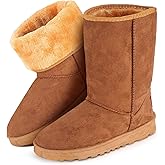 Women Winter Snow Boots Waterproof Mid-Calf Lining Shoes with Warm Faux Suede Ladies Hiking Boots Hard Bottom Non Slip for Cold Weather(Chestnut9)