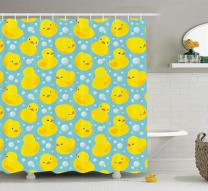 Rubber Ducky Duck Bathroom Decorative Peva Shower Curtain Bubbles Aqua Green