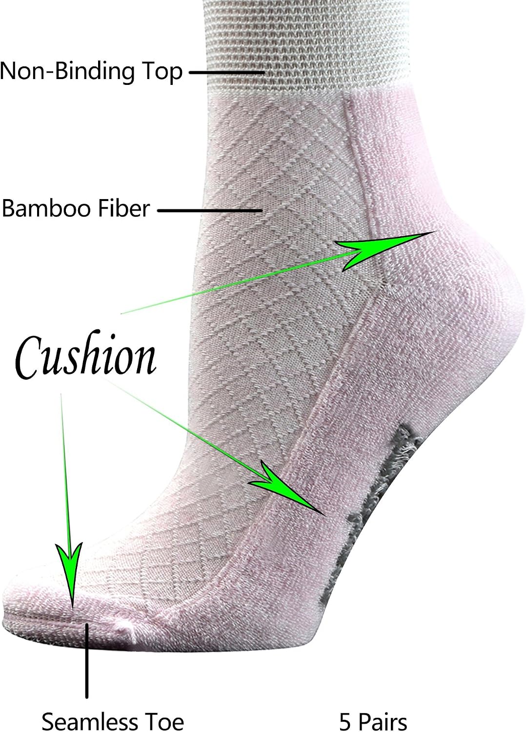 Yomandamor Ladies 5 Pack Bamboo Quarter Seamless Diabetic Sock with Non-Binding top,Size 3-8 UK, 5 works Pink - Image 3