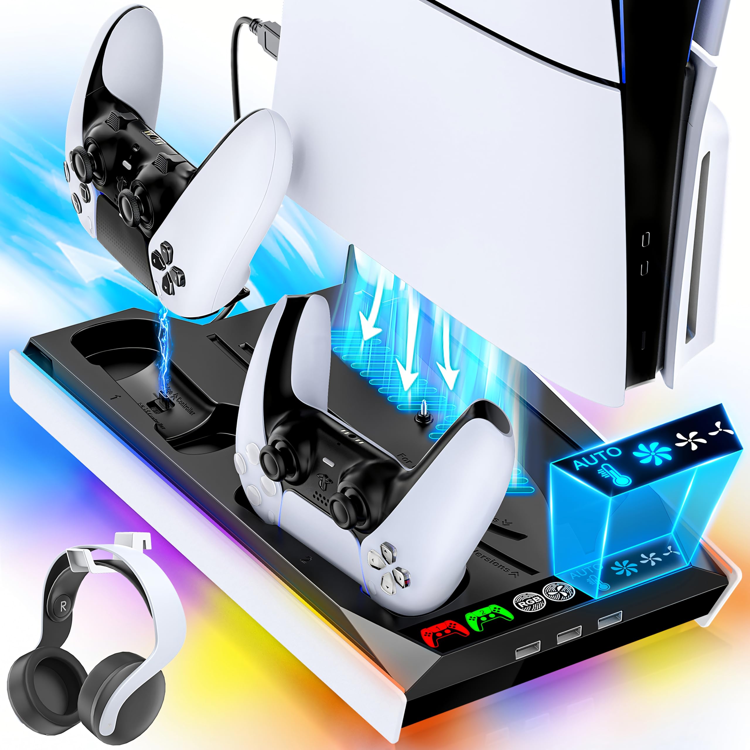 Tokluck PS5/PRO/Slim Ständer mit Automatisch Einstellbarer 3-Stufen-Lüfter für Alle PS5 Konsole, PS5 Standfuß und Controller Ladestation für PS5 & Edge Controller, PS5 Zubehörset