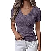 ANRABESS Womens Tops Short Sleeve V Neck Shirts Slim Fit Ribbed Knit Shirt 2026 Summer Dressy Casual Lightweight Sweaters