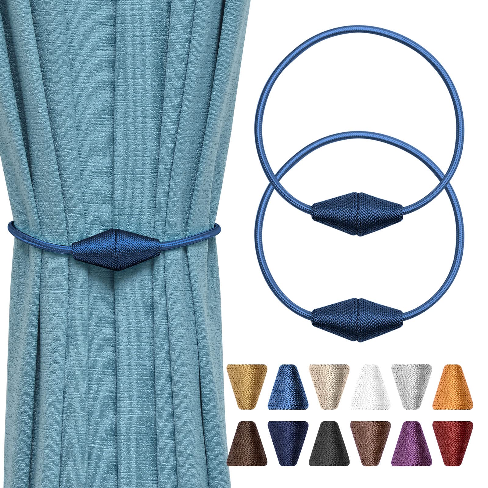 Pretty Jolly 2 Pack Upgrade Magnetic Curtain Tiebacks Handmade Weave Rope Curtain Holdbacks Convenient Decorative Cone Curtain Drape Tie Backs for Home & Office Window Drapery (Navy)