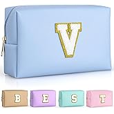 TOPEAST Initial Makeup Bags for Women, Personalized Portable Cosmetic Bag for Travel, Cute Makeup Pouch, PU Leather Waterproof Toiletry Bag, Preppy Things for Girl (Sky Blue V)