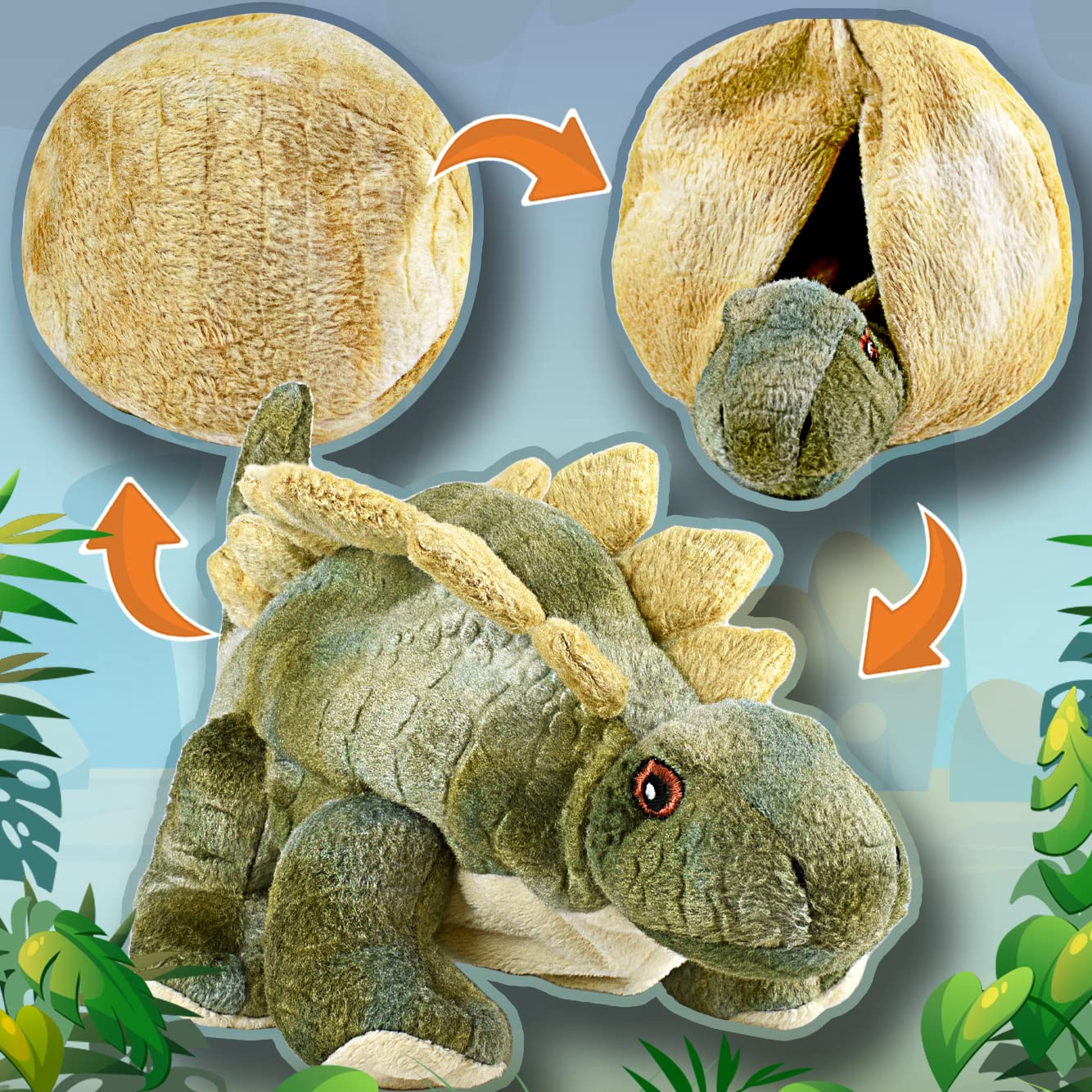 Creanino Dino Cuddly Toy 2 in 1 | Reversible Plush Toy [Stegosaurus Drake] Dinosaur Cuddly Toy | Plush Toy Dinosaur | Reversible Cuddly Animal | Dino Plush | Stegosaurus