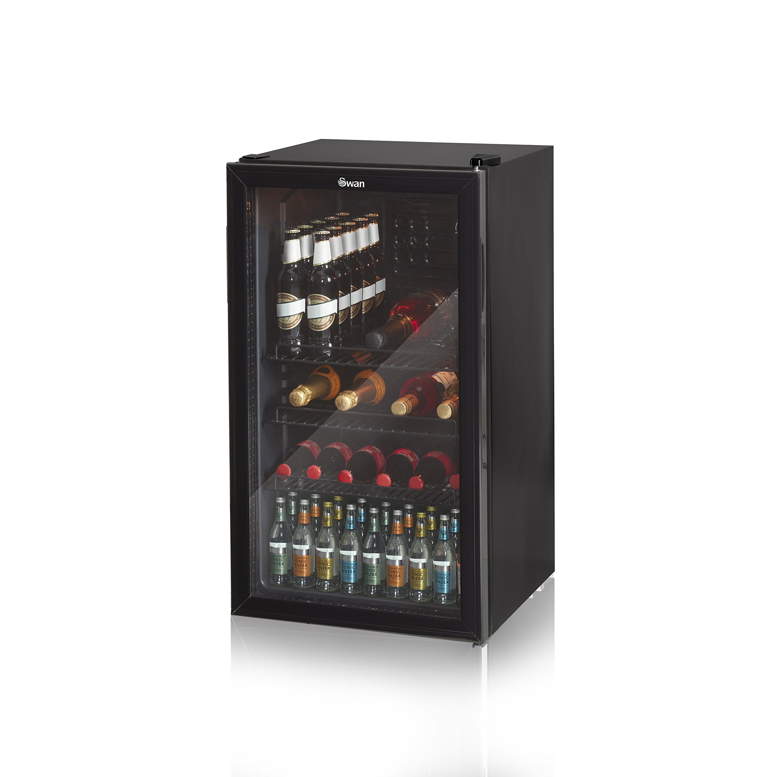 Swan 80L Glass Fronted Under Counter Beer and Drinks Fridge, 3 Shelves, Interior Light, Adjustable Thermostat, Reversible Door and Adjustable Feet, E Energy Rated, Black, SR12030BN