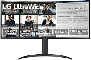 LG 34WR55QK-B 34-inch UltraWide WQHD (3440 x 1440) Curved Computer Monitor, 100Hz, 5ms, HDR10, Reader Mode, HDMI, DisplayPort, USB Type-C, Tilt/Height Adjustable Stand, Black