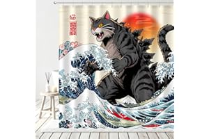 AMLabubu Funny Cat Monster Shower Curtain Set, Japanese Anime Sunset Ocean Waves Home Bathroom Decor, Polyester Cloth Fabric Bath Curtain with 12 Hooks 72" W x 72" L