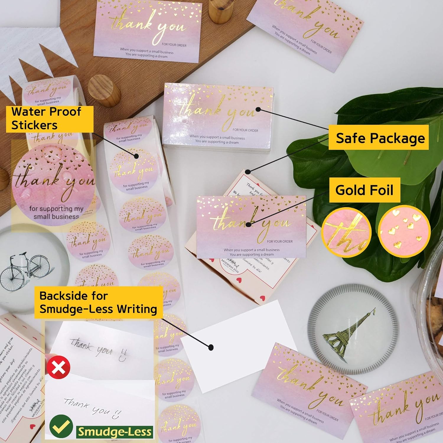 Modern 5th - 500PCS Thank You for Supporting My Small Business Cards and Stickers Set, Watercolor with Gold Foil Hearts (3.5x2 inches 100pcs Cards and 1.5" Round 400pcs Stickers) for Package Inserts: Kitchen & Dining