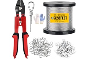 Wire Rope Crimping Tool Kit,304 Stainless Steel Cable 328FT - 7x7 Strand,1/16’’ Heavy Duty Wire Rope with 200PCS Loop Sleeves