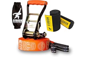 GIBBON TravelLine Slackline with TreeWear - Portable Slack Line 49ft - 41ft x 2” line & Two 8ft Ratchet Straps with Reinforced Loop