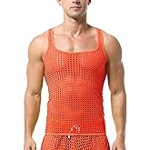 DTODWW Men's Mesh Sleeveless Tank Top Undershirt See Through Shirts Muscle Fitted Fishnet Hollow Out Shirts Orange