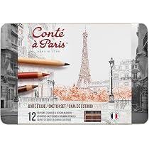 Conté à Paris The Sketch Set - 12 Assorted Sketching Pencils (Sanguine, Sepia, Charcoal, Graphite & More)