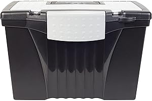 Storex Legal File Box with Organizer Lid – Plastic Office File Storage Box for Letter and Legal Hanging Folders, Obsidian, 1-