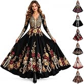 Skeleton Dress Women Halloween Costumes Spooky Skull Rose Party Dresses | Halloween Witch Costumes Long Sleeve V Neck Maxi Halloween Dresses Vintage Gothic Cosplay Festival Party Outfit