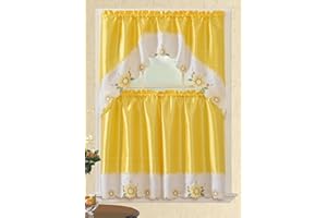American Linen 3 Piece Embroidered Window Curtain Set, Valance and Tiers, with Embroidery (Yellow)