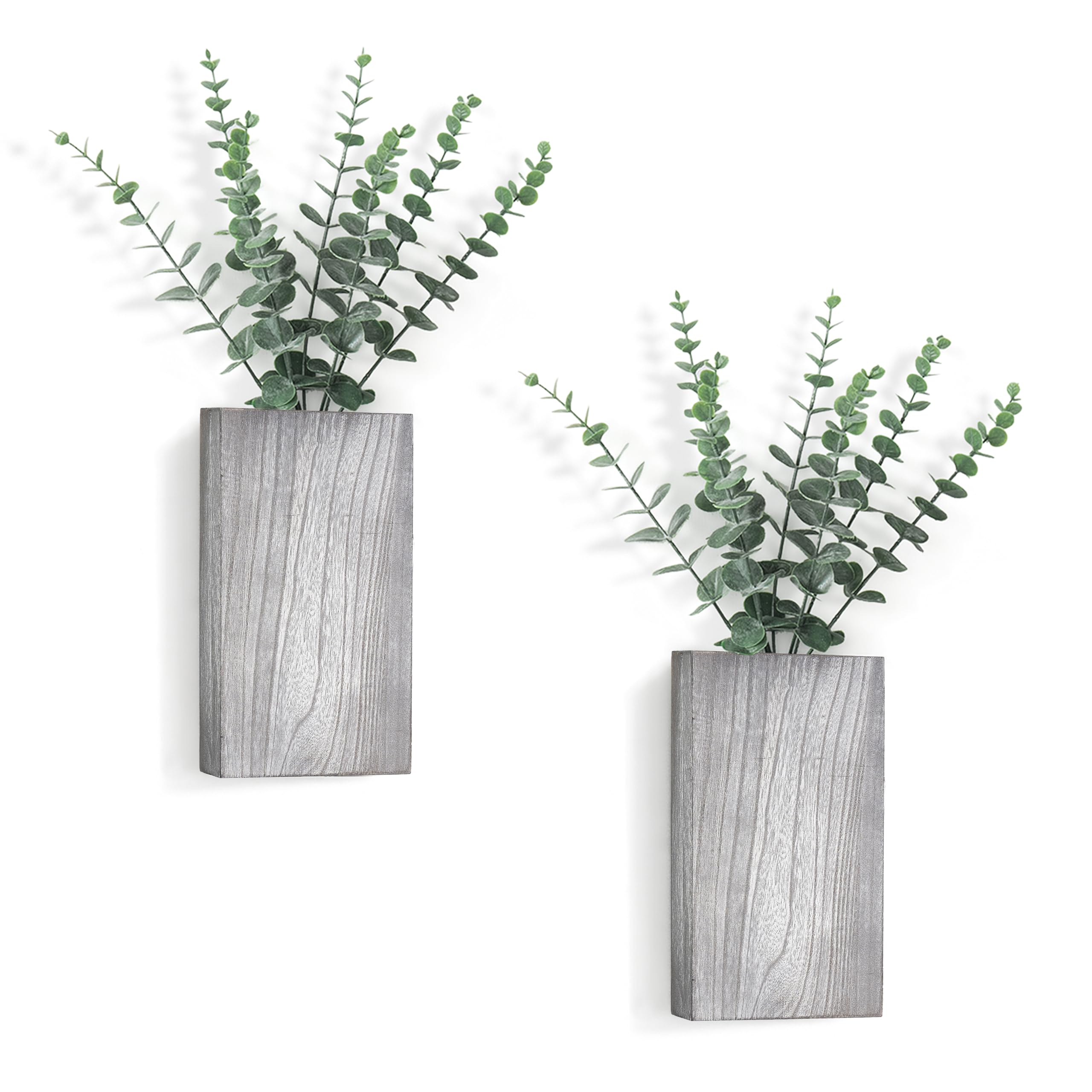 Photo 1 of Dahey 2 Pack Wood Wall Planter Vase with Artificial Eucalyptus Farmhouse Wall Hanging Decor Pocket Planter for Indoor Fake Plants Greenery, Living Room Bedroom Kitchen Home Office Decoration, Grey