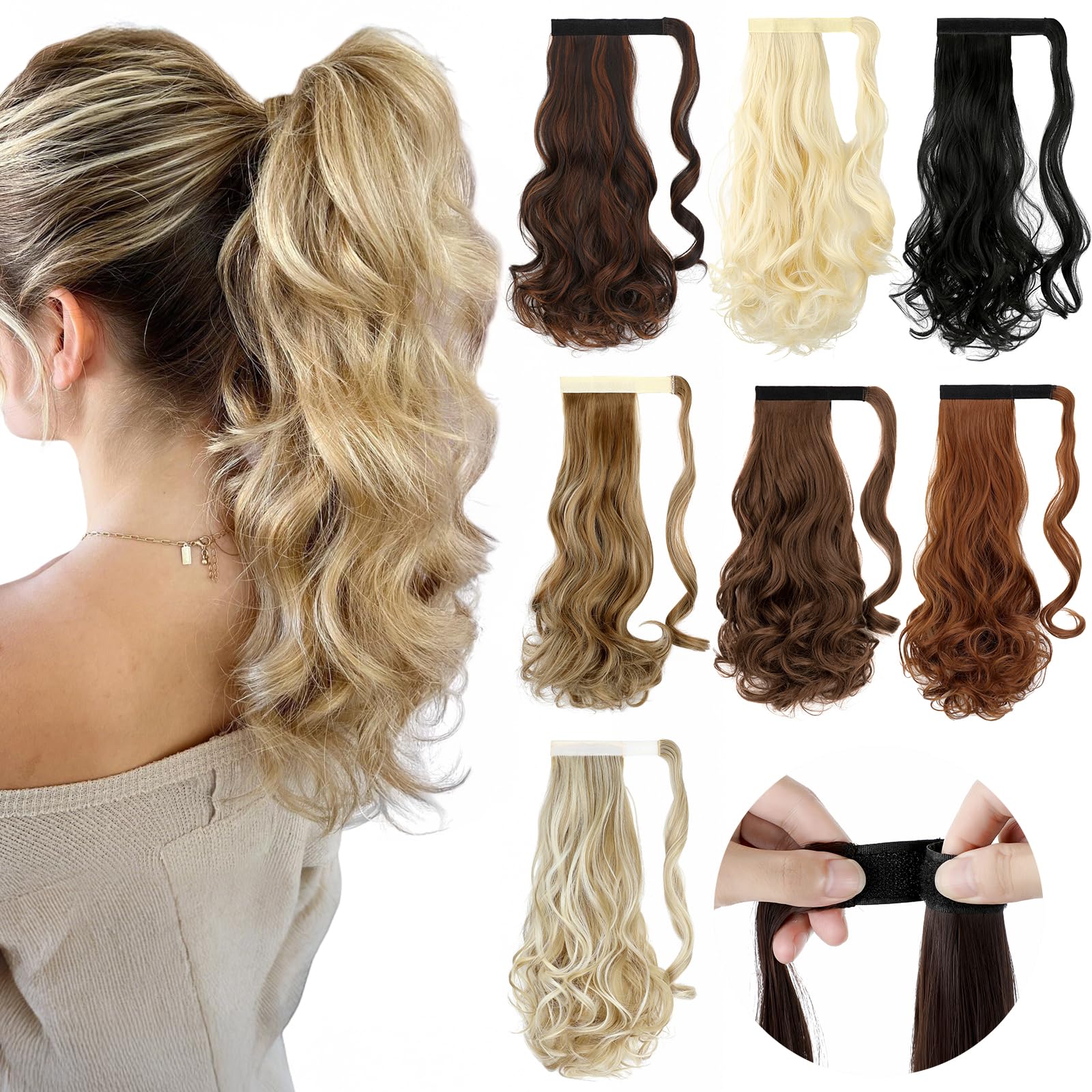 Photo 1 of FELENDY 18" Ponytail Extension Curly Wavy Clip in Hairpiece Wrap Around Long Pony Tails Hair Extensions Synthetic for Women Ash Blonde