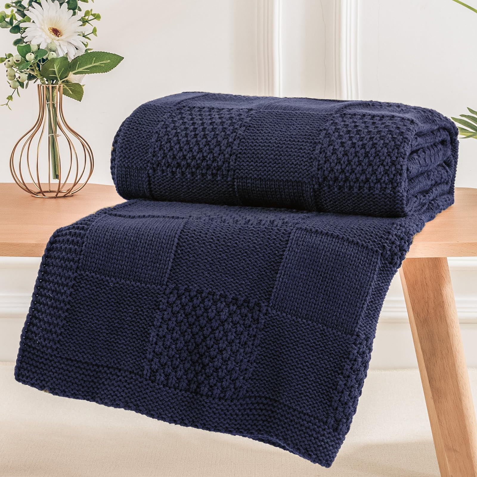 Photo 1 of NEXHOME PRO Knit Throw Blanket,Classical Checkered Blanket for Couch,Cozy Warm Knitted Throw Blanket for Bed Sofa Living Room, Decorative Stretched Throw, Lightweigh,50"X 60"Navy Blue