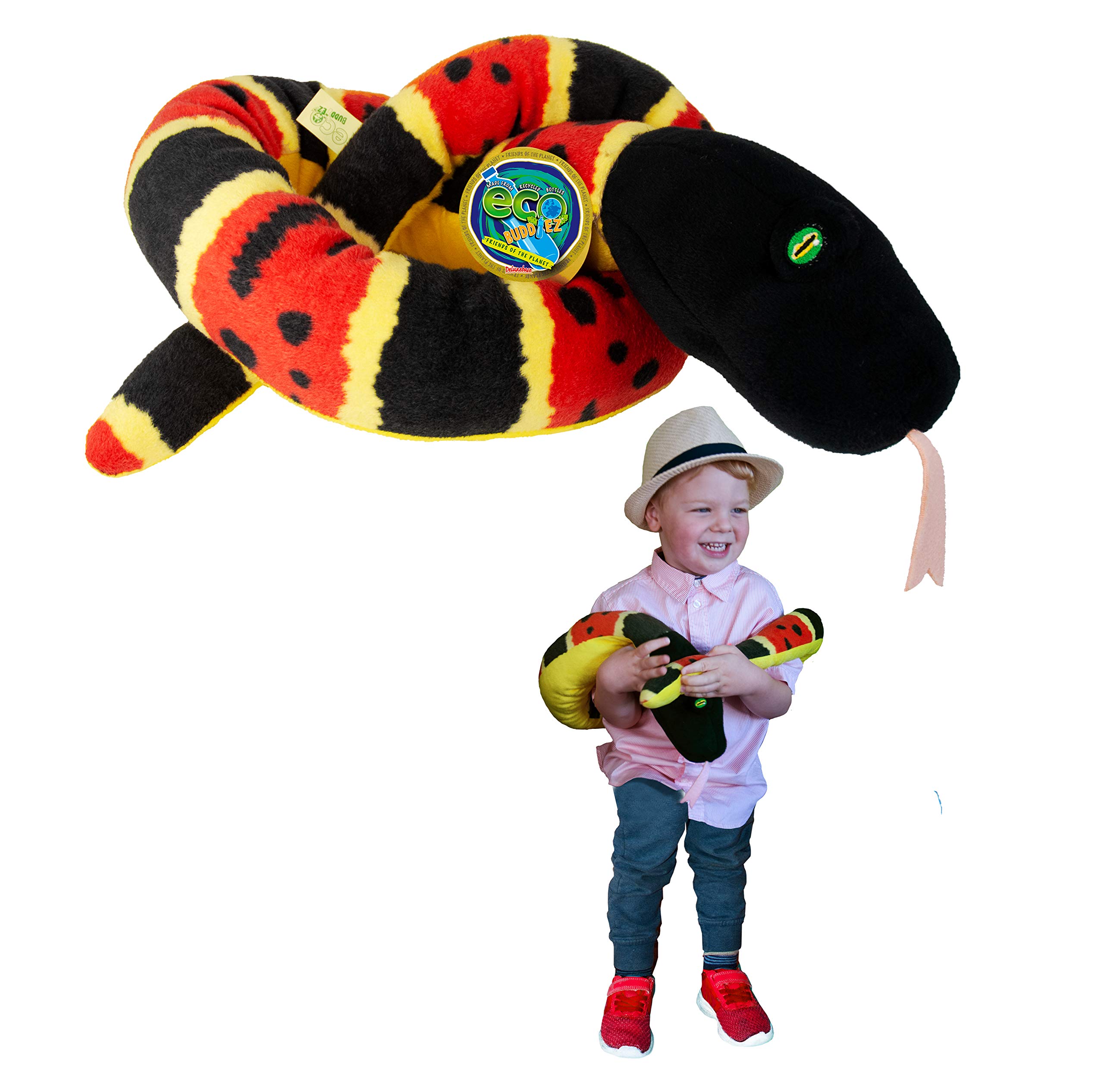 EcoBuddiez Snakes - Coral Snake from Deluxebase. 140cm Plush Snake Soft Toy, Large Eco-Friendly Stuffed Animal Made with Recycled Plastic Bottles. Sustainable Plush Animal Toys and Gifts for Kids.