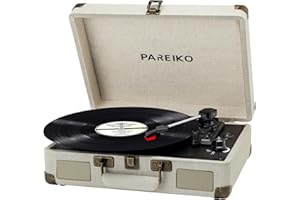PAREIKO Retro Record Player 3 Speed Belt-Driven Portable Suitcase Turntable with Wireless Bluetooth Built-in Battery Vinyl Player RCA Line Out/AUX in 3.5mm Headphone Jack, Linen