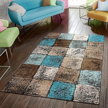 Amazon De Paco Home Designer Teppich Wohnzimmer Ausgefallene Farbkombination Karo Turkis Braun