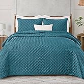 Exclusivo Mezcla Soft Quilt Set King Size, 3 Pieces Lightweight Quilts Teal Bedspreads Coverlets Bedding Set for All Seasons, Weave Pattern
