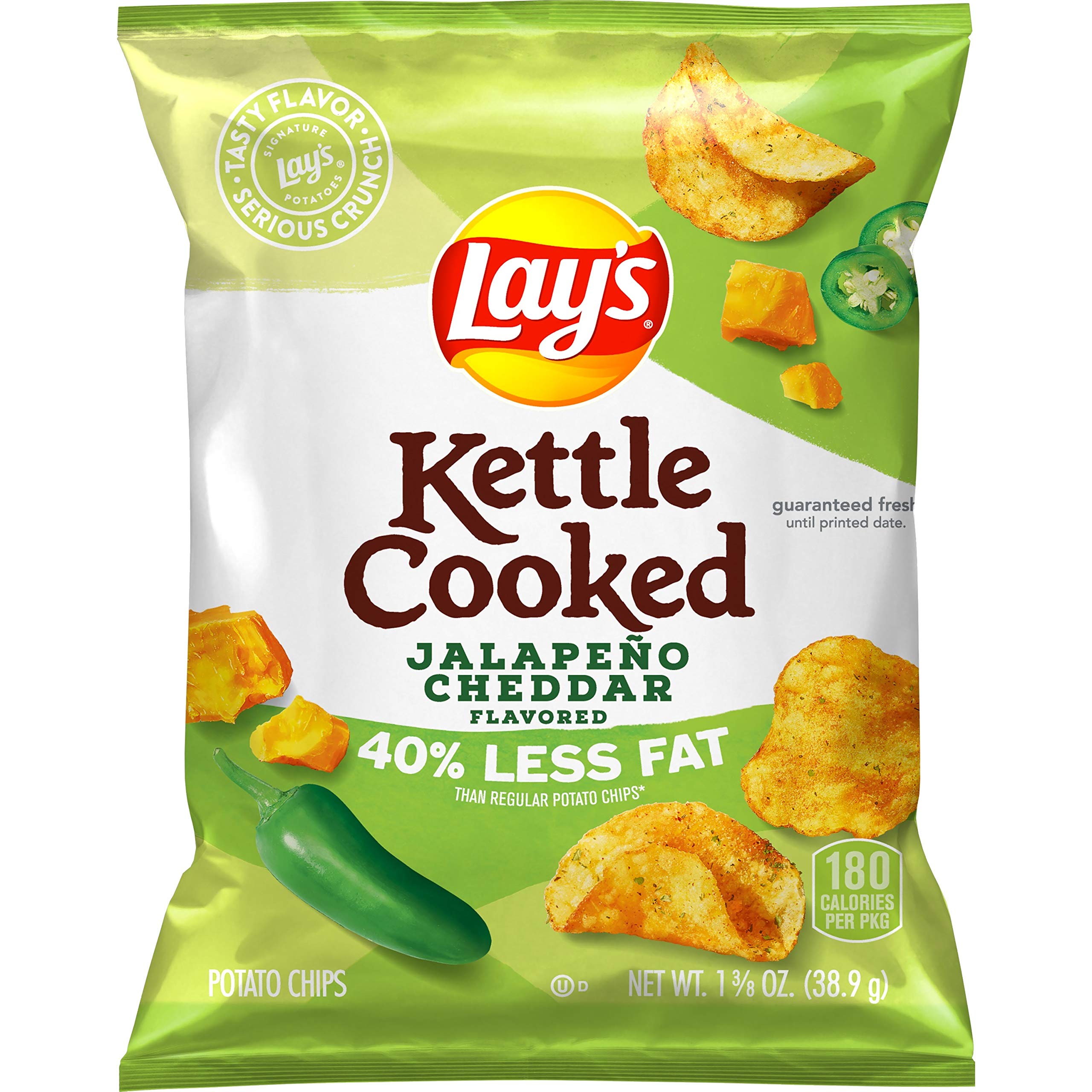 Lay's Kettle Cooked 40% Less Fat Jalapeño Cheddar Flavored Potato Chips, 1.375 Ounce (Pack of 64)