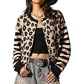 Charfille Women Sweaters Cardigan Leopard Print Striped Color Block Round Neck Drop Shoulder Long Sleeves Button Knited Top