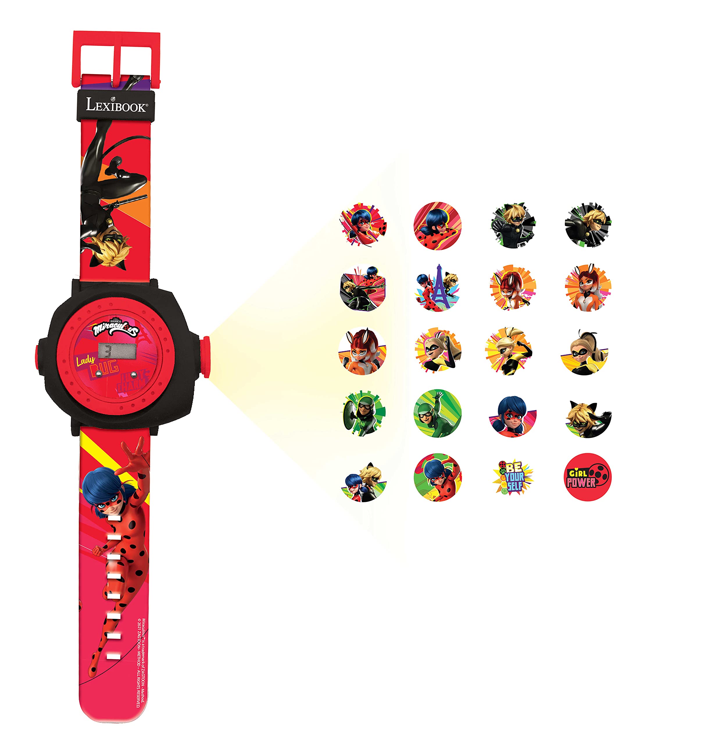 LEXIBOOK Miraculous Ladybug Cat Noir, Adjustable Projection Watch Digital Screen with 20 Images, Red/Black, DMW050MI