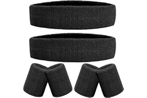 IMAGERIO 6 Pieces Sweatband Set Sports Headband Wristband Set, Moisture Wicking Athletic Sweatbands 4 Wrist Sweatband and 2 Headbands, Terry Cloth Sweat Absorbing Head Band for Workout