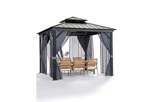 IDEALHOUSE 10' x 10' Outdoor Gazebo, Hardtop Patio Gazebo with Double Metal Roof, Mosquito Netting and Privacy Curtains, Perm