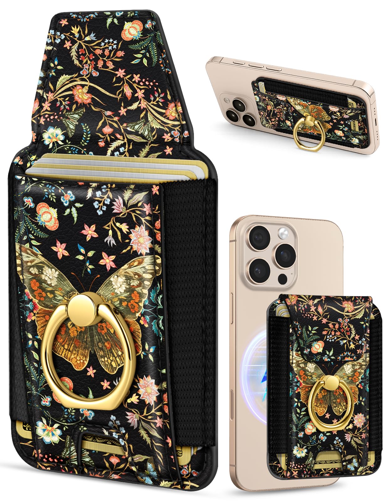 Photo 1 of Shorogyt Compatible with Magsafe Wallet with Ring Stand Grip - Cute Magnetic Phone Wallets Card Holder for iPhone 17/16/15/14/13/12 Series for Women Girls Vintage Butterfly Design, Fit 7 Cards