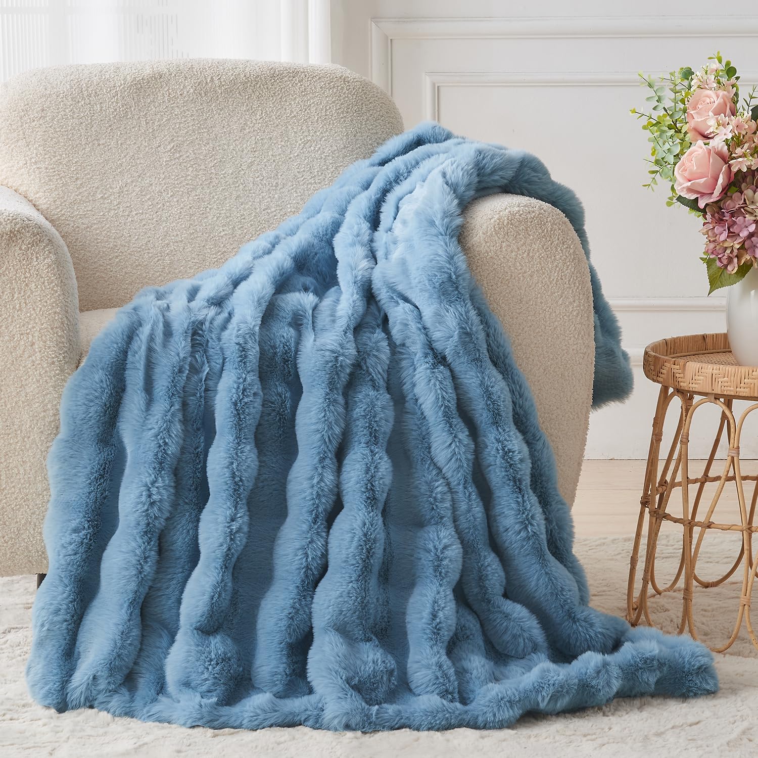 Lotus Karen Faux Fur Throw Blanket Sky Blue - Big Bubble Rabbit Fluff Blanket for Couch Bed Sofa,Softest Fluffy Fuzzy Cozy Blanket,Thick Furry Plush Shaggy Warm Blankets for Women,60x80 Inches Image