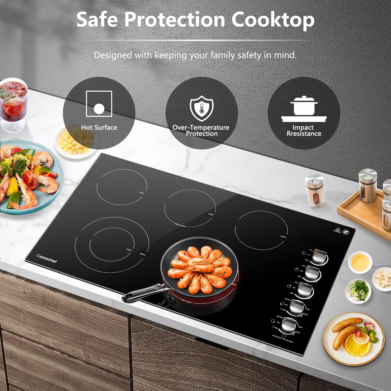 AMZCHEF 8900W Electric Cooktop 36 Inch, Built-in Electric Cooktop 5 Burner Stove Top, 36