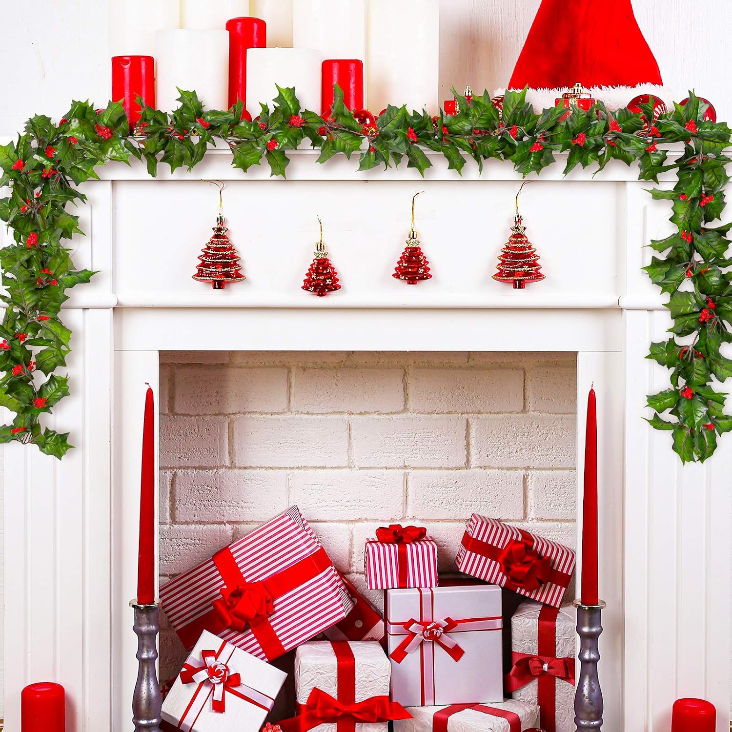 Whaline Red Berry Christmas Garland 7.2Ft Artificial Burgundy Berry with Green Leaves Garland Realistic Christmas Hanging Vine Wreath for Xmas Winter Holiday New Year Fireplace Door Frame Decoration - Image 4
