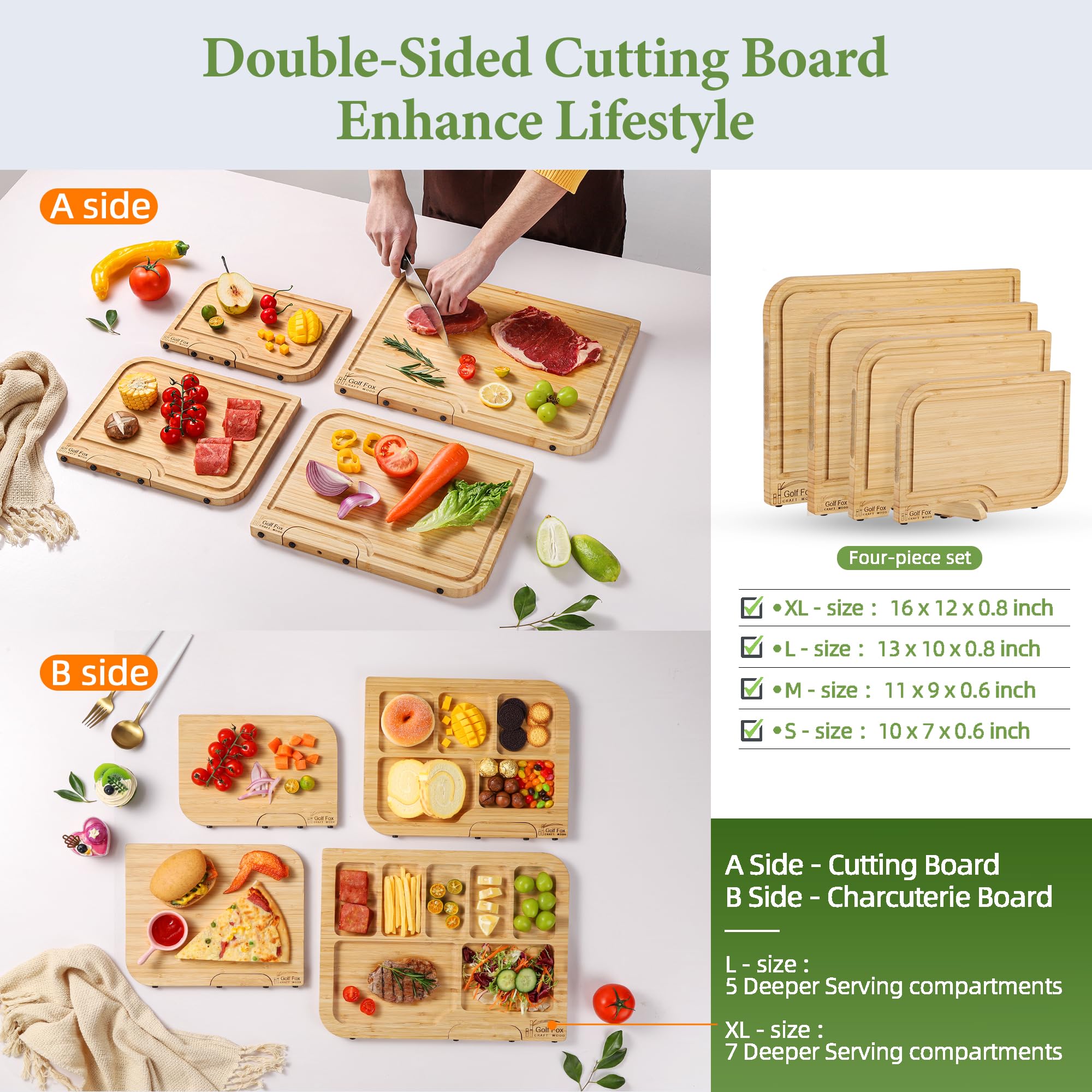4-PCS Bamboo Cutting Board Set, Wood Cutting Board for Kitchen with Innovative Stand, Juice Groove & Handle, Double Sided for Chopping & Charcuterie Board, Kitchen Gift for Home Cooks, For Meat &Fruit
