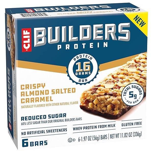 CLIF BUILDERS PROTEIN BARS – CRISPY ALMOND SALTED CARAMEL – REDUCED SUGAR – GLUTEN FREE – 16G PROTEIN – NO ARTIFICIAL SWEETENERS – 1.97 OZ. (6 PACK)