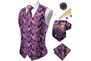 Hi-Tie Mens Suit Vest and Tie Set V-Neck Silk Paisley Formal Waistcoat Necktie Pocket Square Set for Wedding