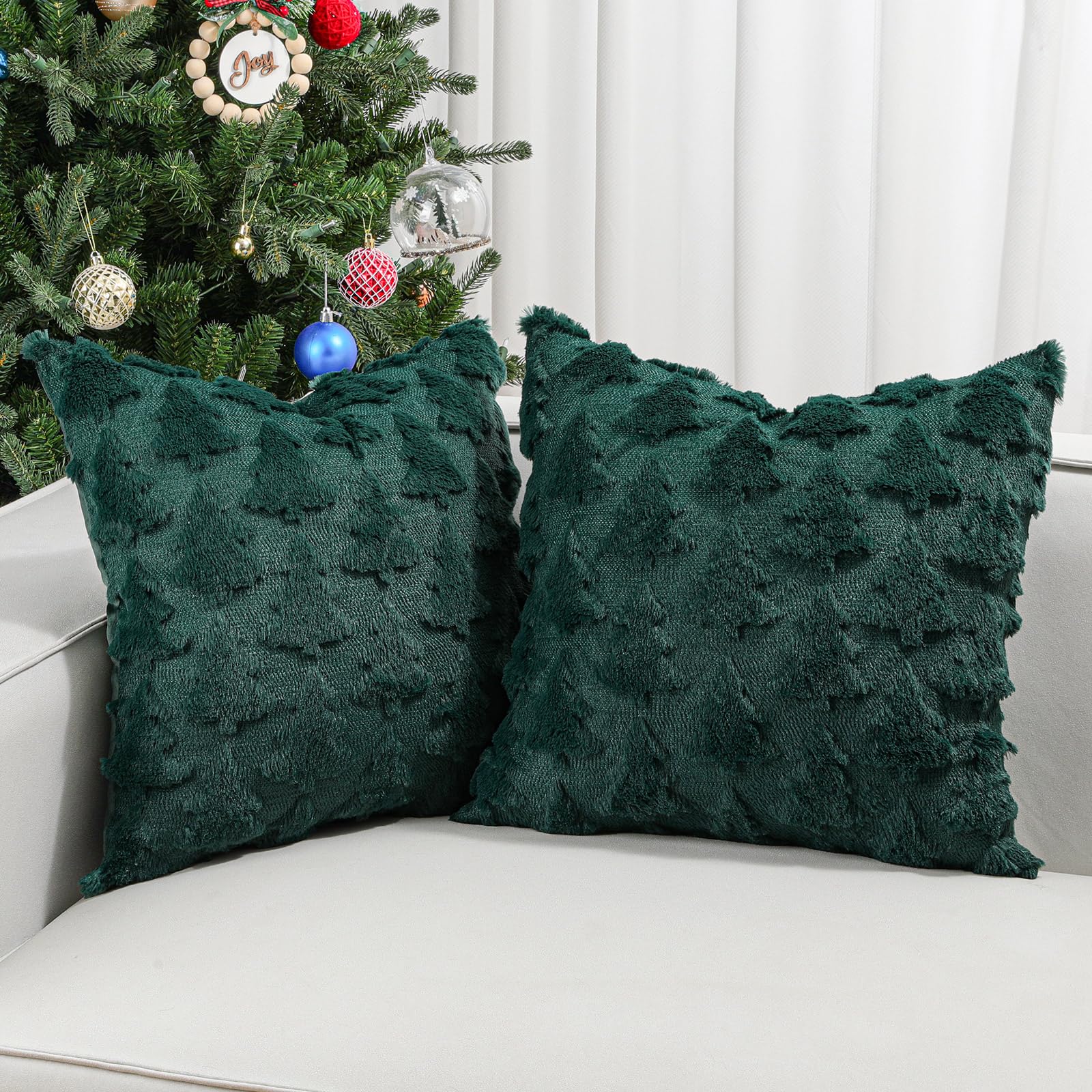 Lewondr Christmas Throw Pillow Cover 18x18, Set of 2 Super Soft Faux Fur Pillow Covers Velvet Christmas Tree Embroidery Decorative Throw Pillowcase for Living Room Bed Couch Sofa Car Home Decor, Green