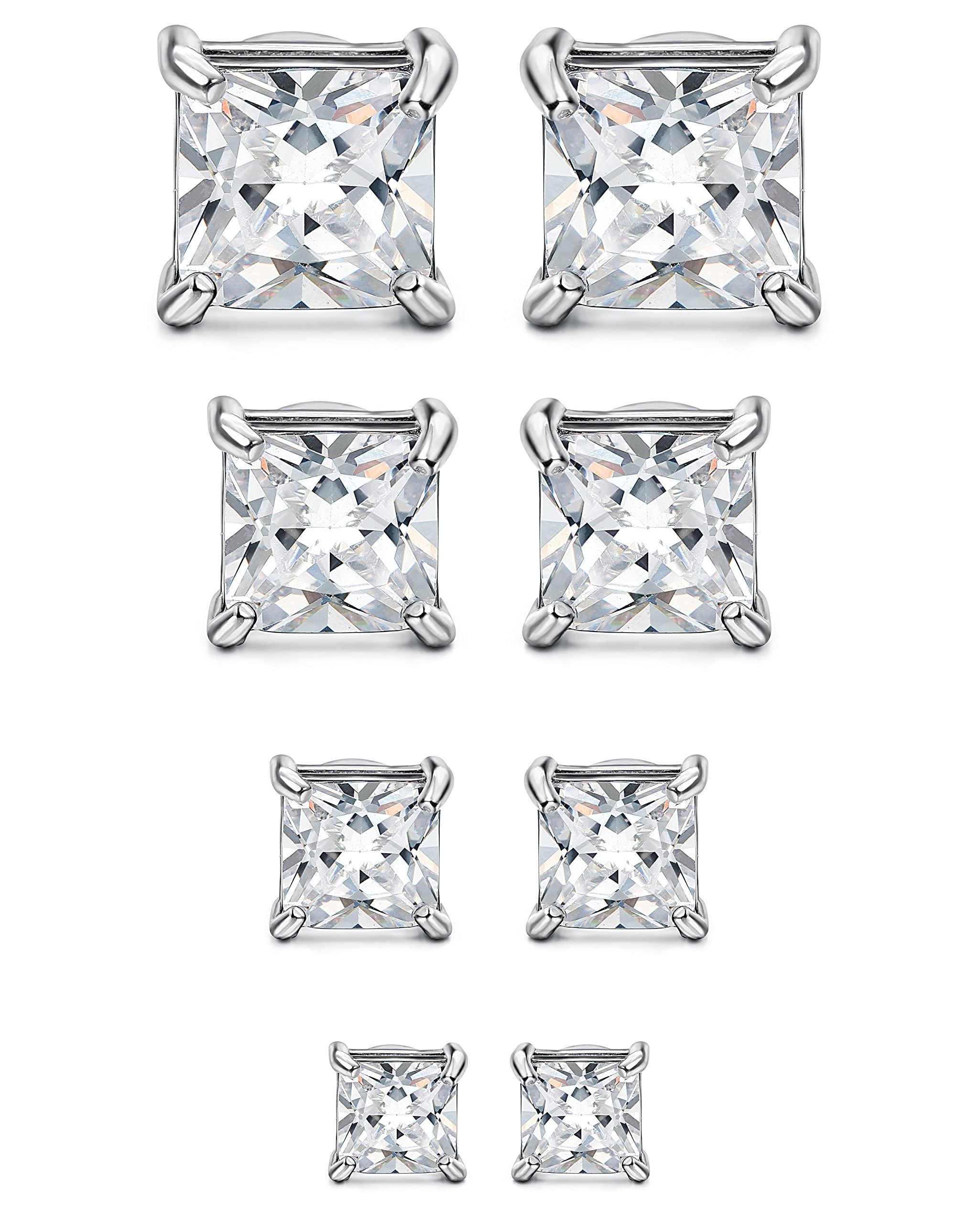 MILACOLATO 4 Pairs Stainless Steel Magnetic Stud Earrings for Men Women Round/Square CZ Inlaid Magnetic Earrings Non-Piercing CZ Clip On Stud Earring 3 Colors 4-7mm