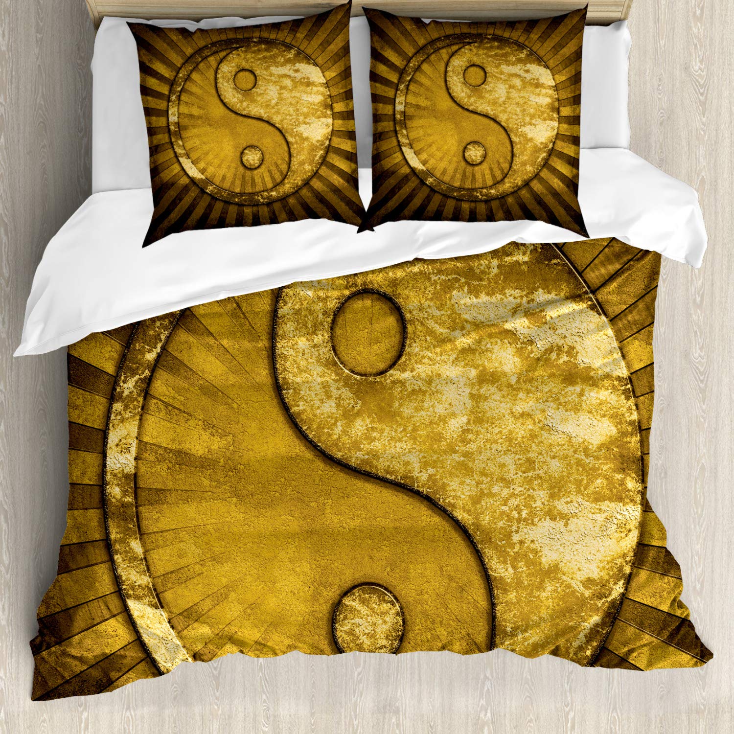 ABAKUHAUS Ying Yang Duvet Cover Set, Industrial Eastern YingYang on top of Sunburst Technological Pattern, Bedding Set 3 Pieces with 2 Pillow Shams, 200 cm x 200 cm, Brown Light Brown — image 1